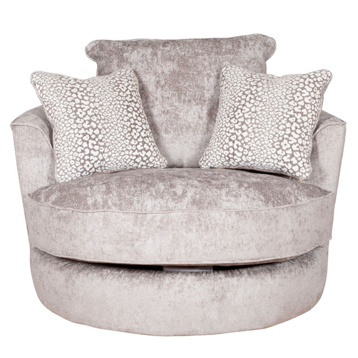 Coco Truffle Fabric Swivel Chair - Valencia Spot Natural Scatter Cushions - The Furniture Mega Store