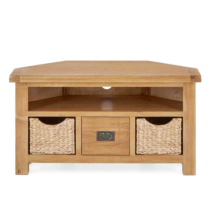 Sailsbury Solid Oak Corner TV Cabinet With Basket Drawers - The Furniture Mega Store 