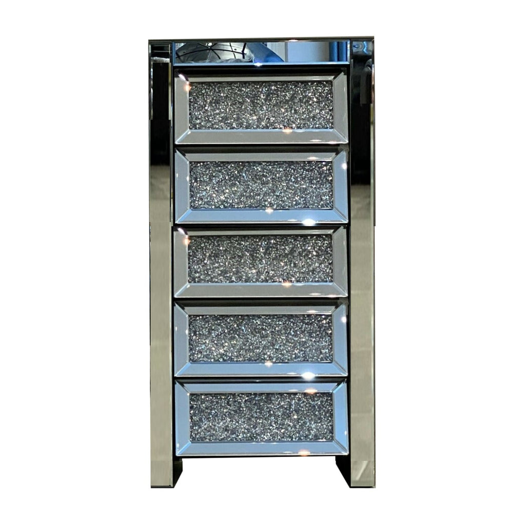 Crushed Diamond Mirrored 5 Drawer Tall Chest Of Drawers - The Furniture Mega Store 