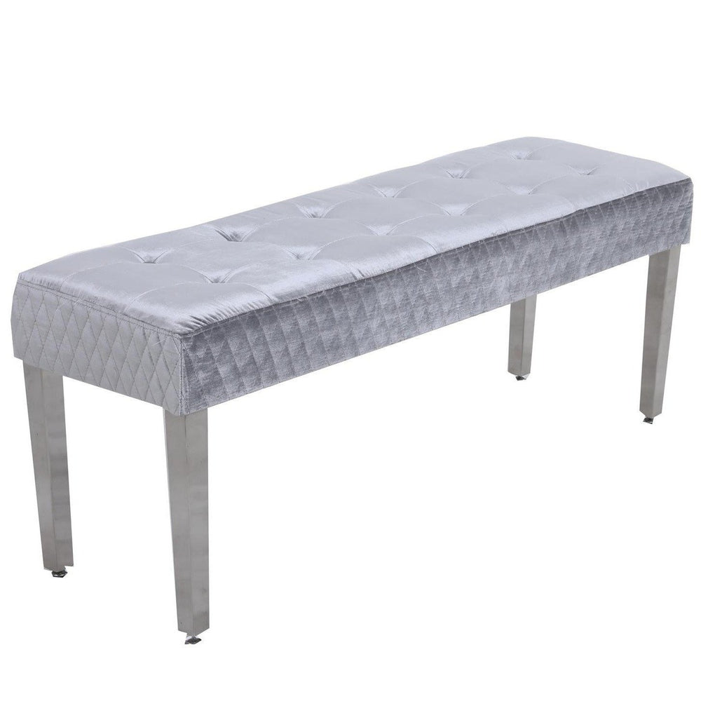 Silver Velvet Tufted Dining Bench With Chrome Legs - 140cm - The Furniture Mega Store 