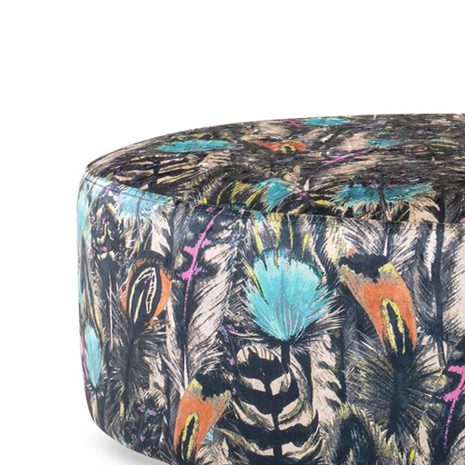 Feathers Jewel Fabric Large Round Accent Footstool - The Furniture Mega Store 