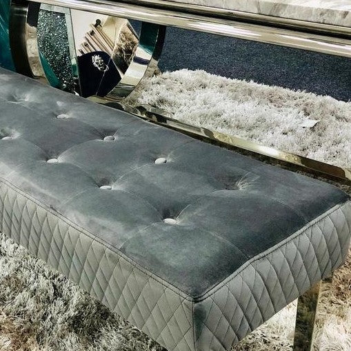 Grey Tufted Velvet Dining Bench With Chrome Legs - 140cm - The Furniture Mega Store 