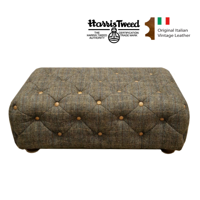 Harris Tweed & Vintage Leather Deep Buttoned Rectangle Footstool - The Furniture Mega Store 