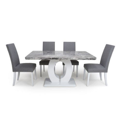 Medium Marble Top High Gloss Grey & White Dining Table & 4 Linen Silver-Grey Dining Chairs - The Furniture Mega Store 