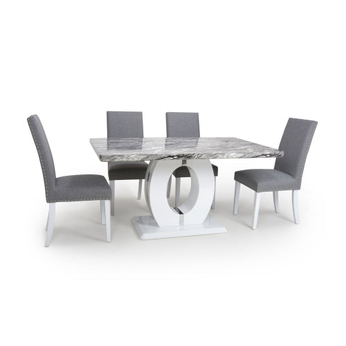 Medium Marble Top High Gloss Grey & White Dining Table & 4 Linen Silver-Grey Dining Chairs - The Furniture Mega Store 