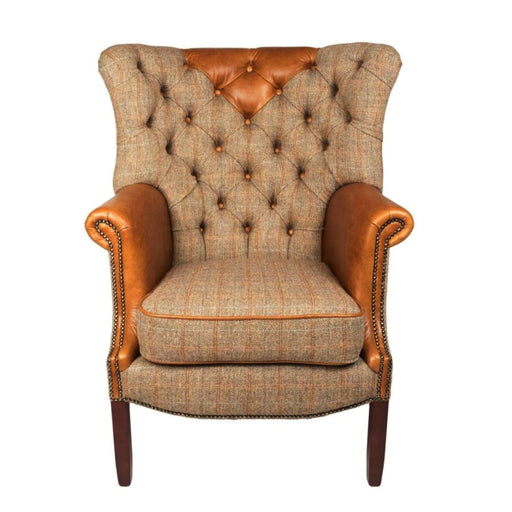 Knightsbridge Harris Tweed & Vintage Leather Wingback Chair - Various Options - The Furniture Mega Store 