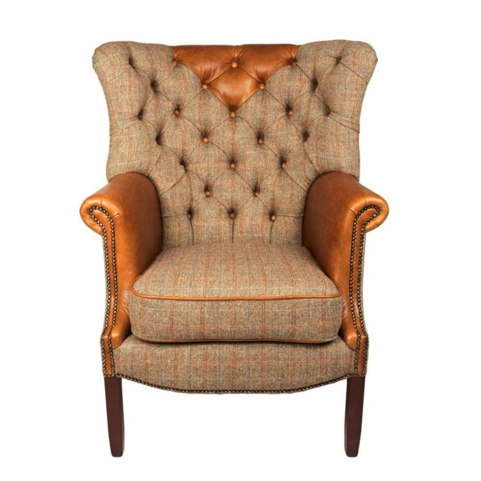 Knightsbridge Harris Tweed & Vintage Leather Wingback Chair - Various Options - The Furniture Mega Store 