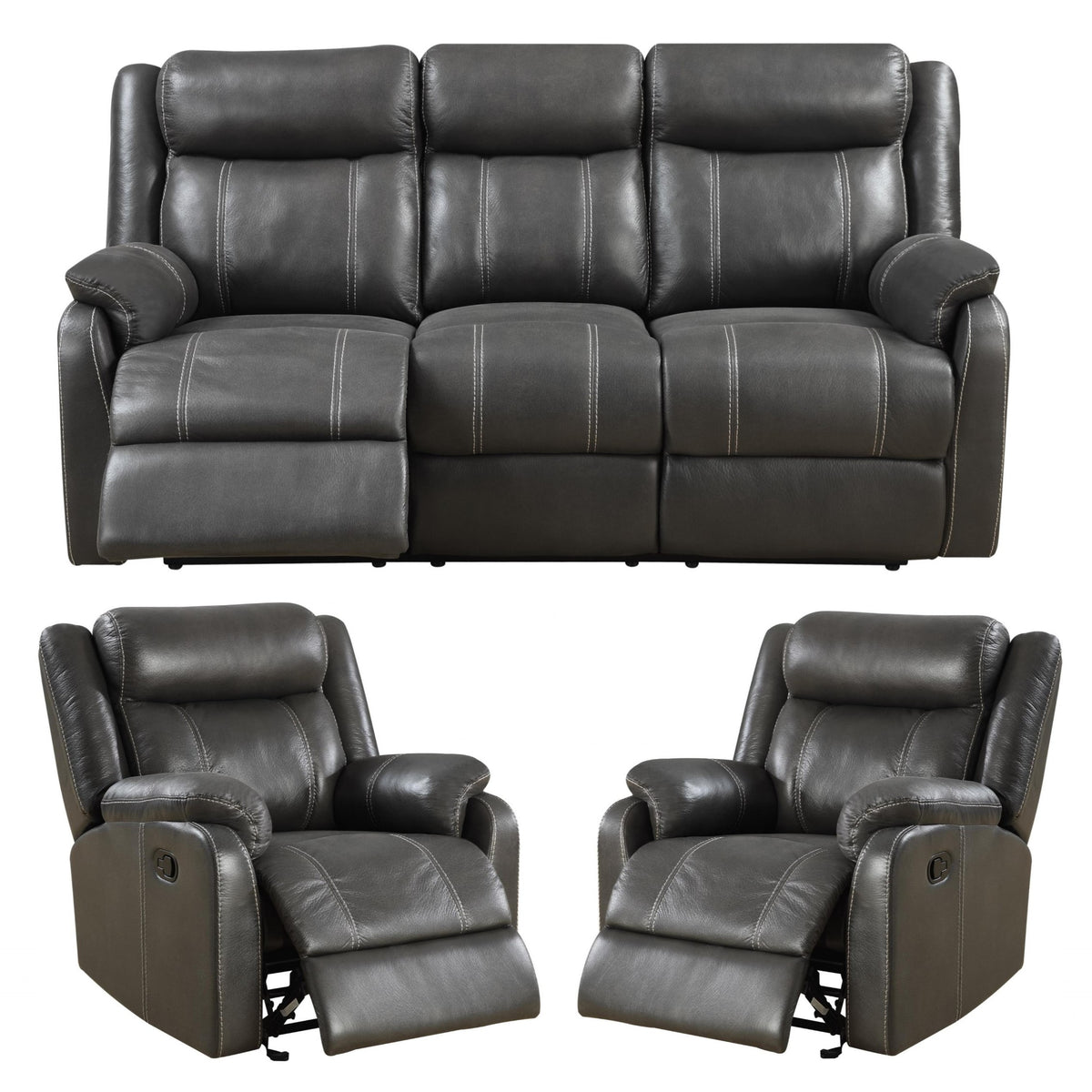 Leeds 3 Seater Recliner Sofa 2 Armchairs Set Gun Metal Grey