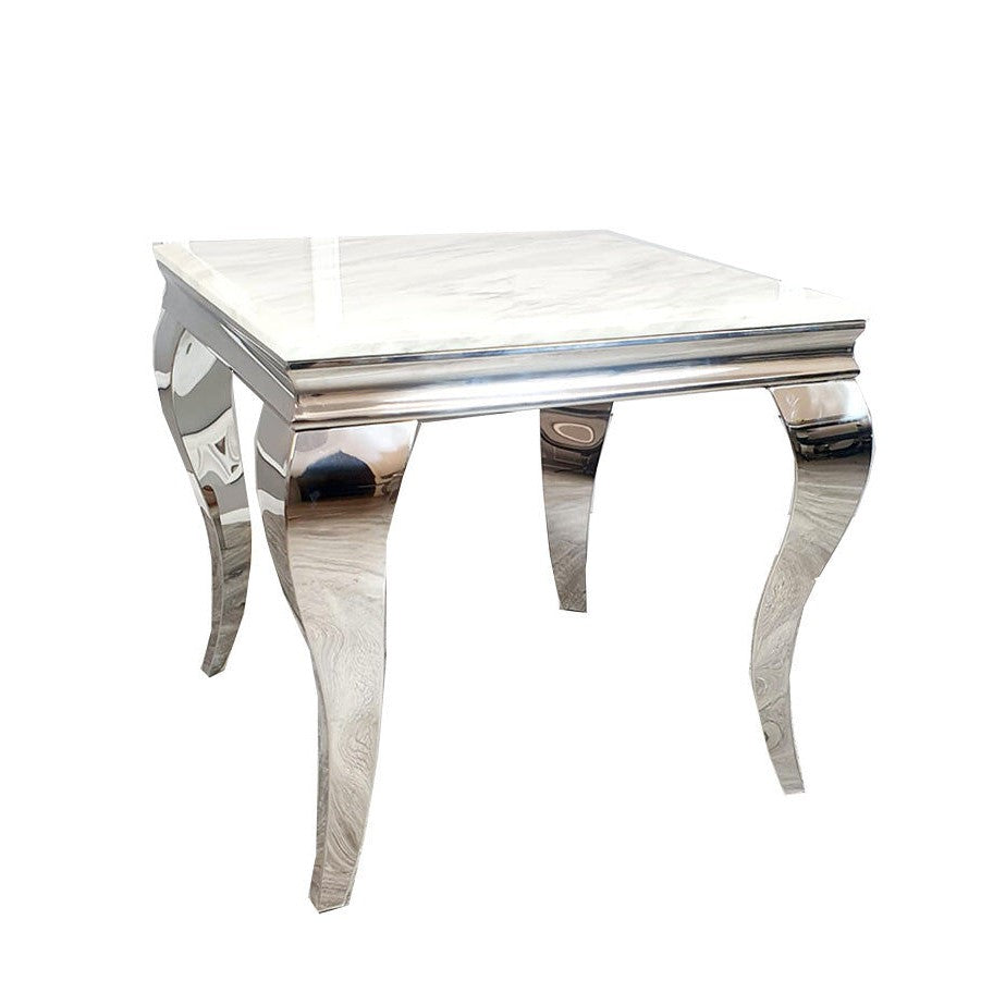 Louis White Marble & Polished Steel Lamp Table - The Furniture Mega Store 