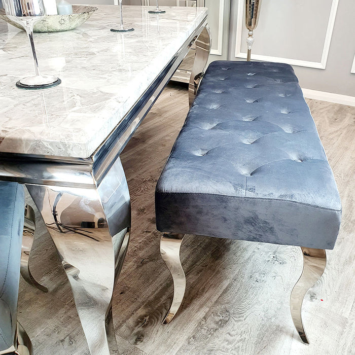 Louis Dark Grey Velvet Dining Bench & Curved Chrome Legs - 130cm - The Furniture Mega Store 