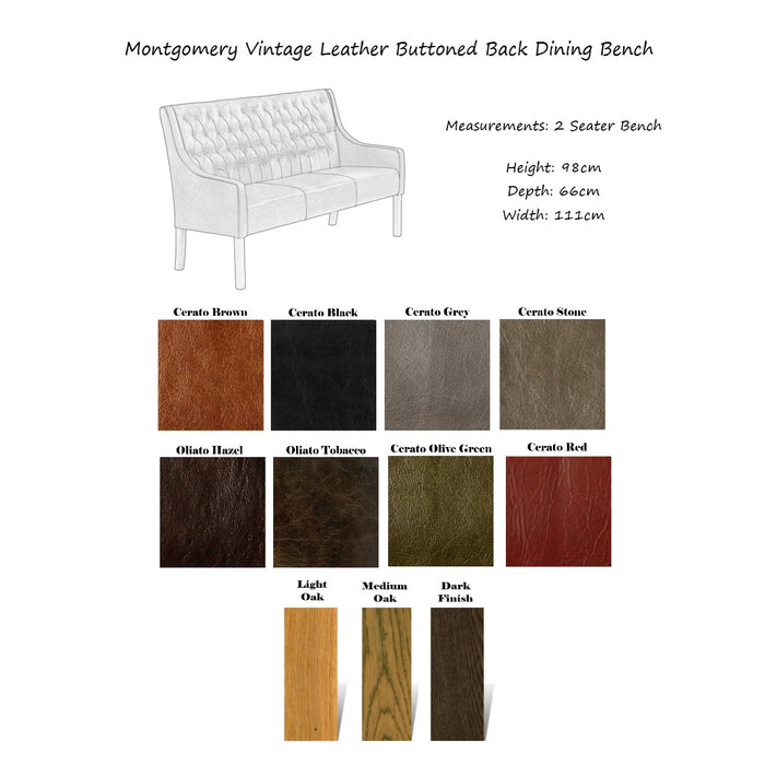 Montgomery Vintage Leather Buttoned Back Dining Bench - Choice Of Sizes & Leather - The Furniture Mega Store 