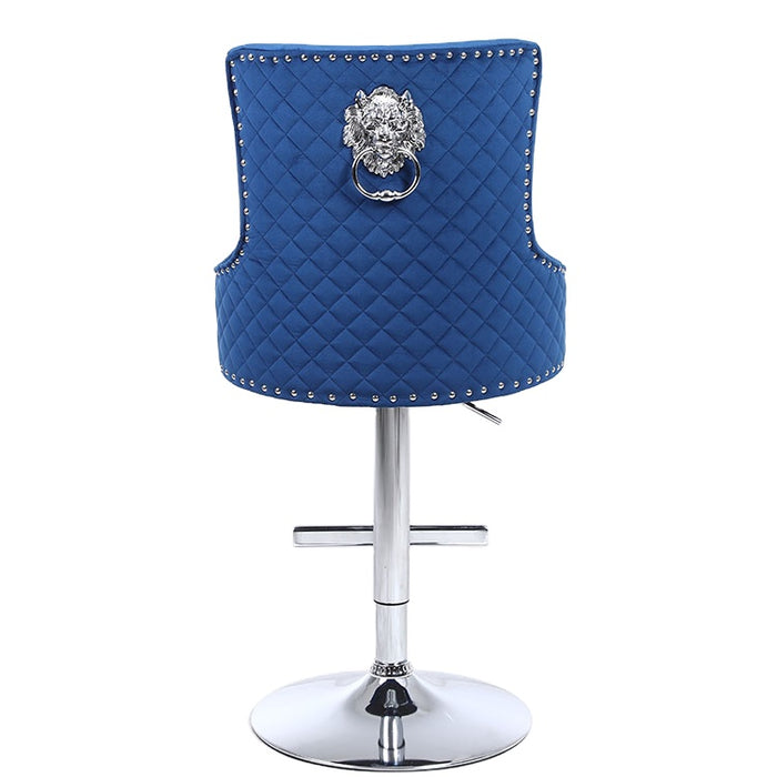 Majestic Navy Velvet Diamond Quilted - Lion Head Knocker Back Bar Stool - The Furniture Mega Store 