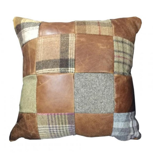Patchwork Vintage Leather & Harris Tweed Filled Scatter Cushion 40 X 40 - The Furniture Mega Store 