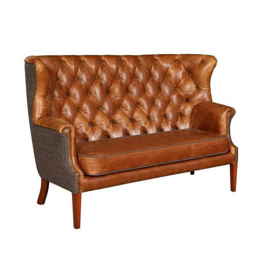 Winchester Chesterfield Wing Back 2 Seater Sofa - Vintage Leather & Harris Tweed - The Furniture Mega Store 