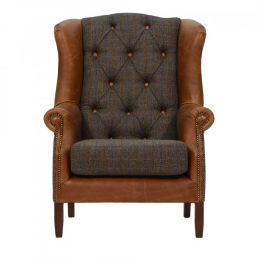 Barney Buttoned Wingback Armchair Moorland Harris Tweed & Vintage Brown Leather - The Furniture Mega Store 