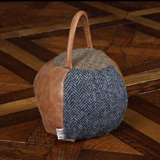 Harris Tweed & Vintage Leather Patch Work Round Door Stop - The Furniture Mega Store 