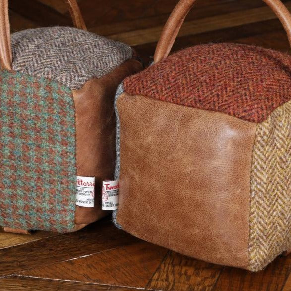 Harris Tweed & Vintage Leather Patch Work Square Door Stop - The Furniture Mega Store 