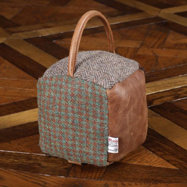 Harris Tweed & Vintage Leather Patch Work Square Door Stop - The Furniture Mega Store 