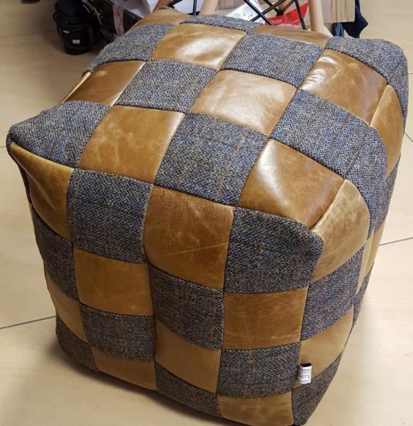 Harris Tweed & Brown Vintage Leather Patchwork Square Bean Bag - The Furniture Mega Store 