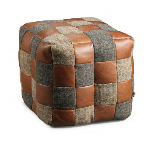 Harris Tweed & Brown Vintage Leather Patchwork Square Bean Bag - The Furniture Mega Store 