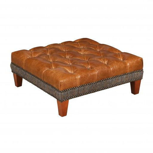 Harris Tweed & Vintage Leather Buttoned Top Pull Out Footstool - The Furniture Mega Store 