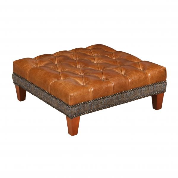 Harris Tweed & Vintage Leather Buttoned Top Pull Out Footstool - The Furniture Mega Store 