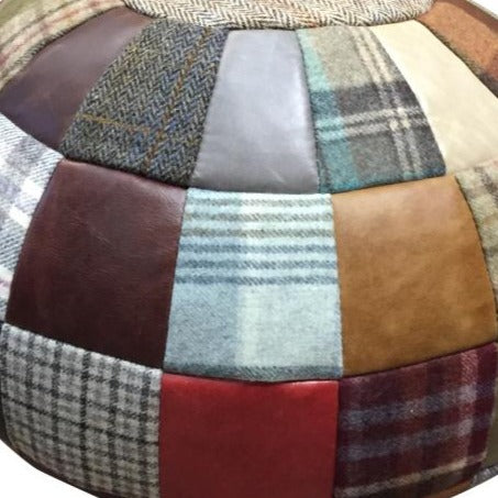 Patchwork Leather, Mixed Wool & Harris Tweed Ball Bean Bag - The Furniture Mega Store 
