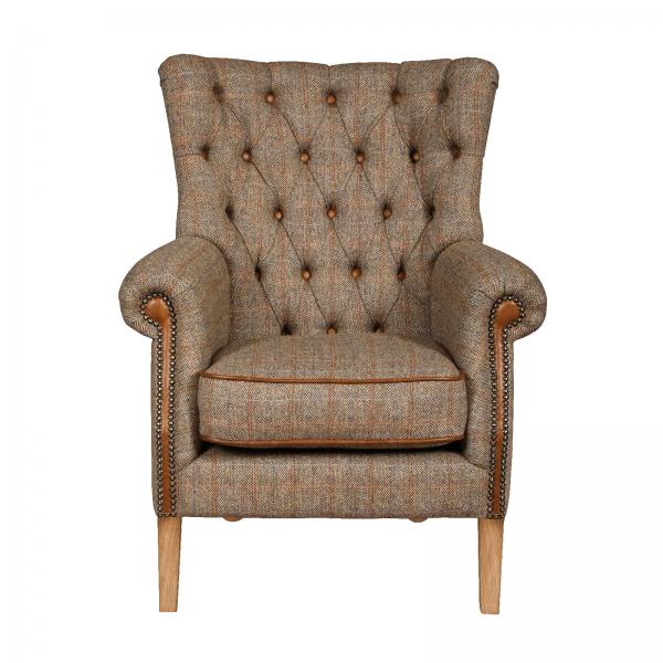 Hexham Chesterfield Wing Chair - Harris Tweed & Vintage Leather - The Furniture Mega Store 