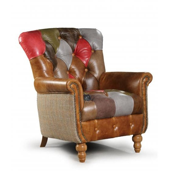 Alderley Vintage Leather & Harris Tweed Patchwork Chesterfield Chair - The Furniture Mega Store 