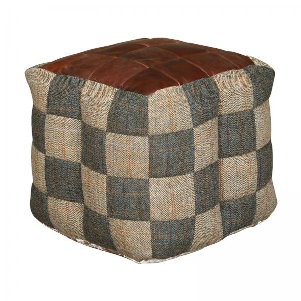 Leather Top, Mixed Wool & Tweed Bottom & Sides Bean Bag Cube - The Furniture Mega Store 