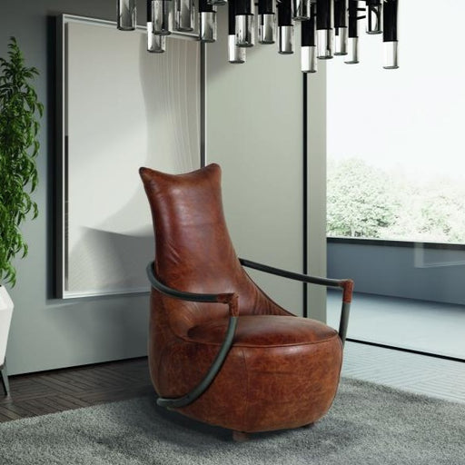 Maverick Retro Relax Chair - Gunmetal Frame & Brown Aniline Leather Cover - The Furniture Mega Store 