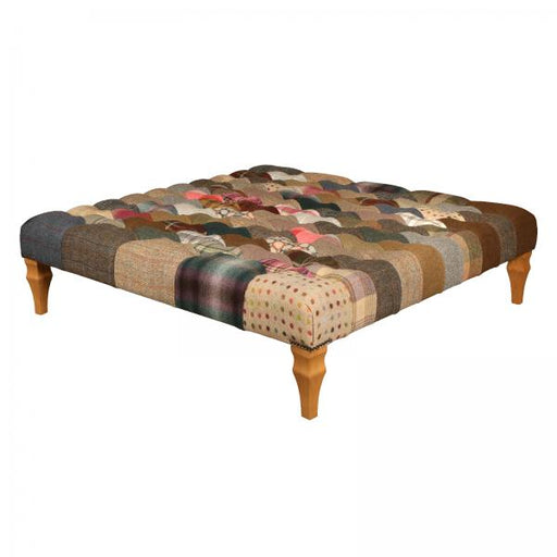 Banquet Patchwork Harris Tweed & Moon Wool Buttoned Square Footstool - 140cm - The Furniture Mega Store 