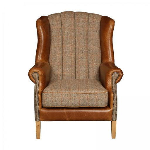 Fluted Wingback Armchair Hunting Lodge Harris Tweed & Vintage Brown Leather - The Furniture Mega Store