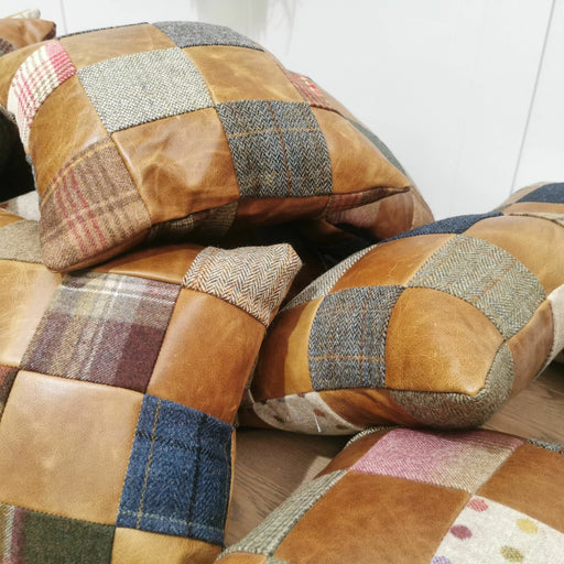 Patchwork Vintage Leather & Harris Tweed Filled Scatter Cushion 40 X 40 - The Furniture Mega Store 