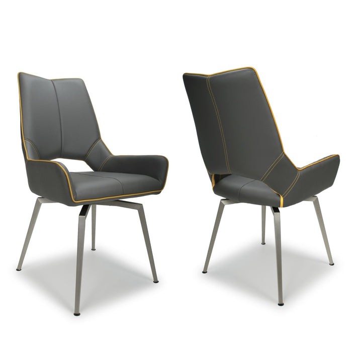 Graphite Grey - Yellow Stitch Swivel Leather Dining Chairs - Set Of 2 - The Furniture Mega Store 