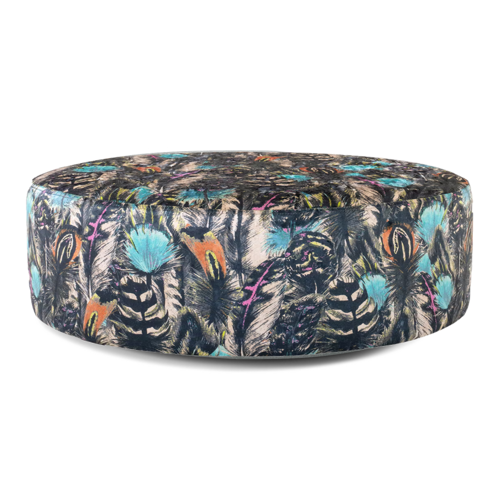 Feathers Jewel Fabric Large Round Accent Footstool - The Furniture Mega Store 