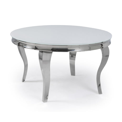 Mayfair Round White Glass Top Dining Table With Stainless Steel Curved Legs - The Furniture Mega Store 