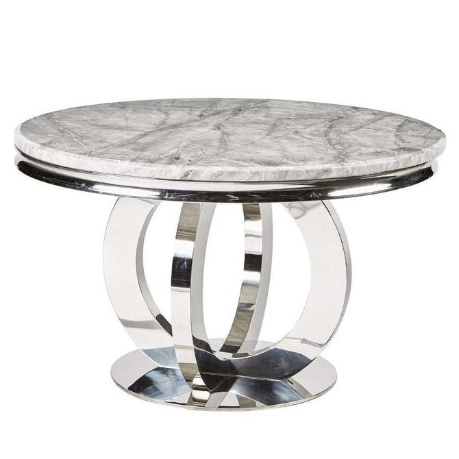 Chelsea Round Light Grey Marble & Stainless Steel Dining Table - 130cm - The Furniture Mega Store 