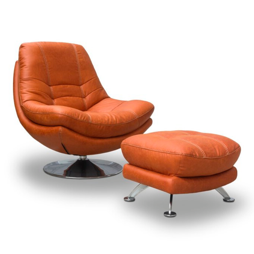 Luxe Fabric & Chrome Swivel Chair & Matching Footstool Set - Pumpkin - The Furniture Mega Store