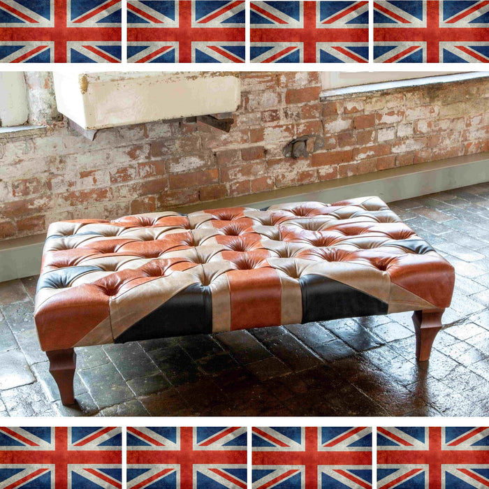 Union Jack Large Buttoned Top Vintage Leather Footstool - 120cm - The Furniture Mega Store 