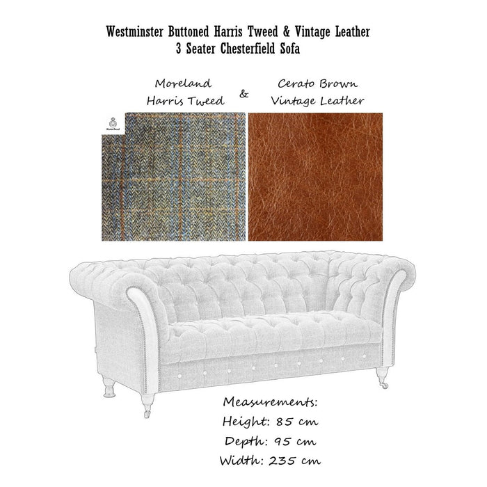 Westminster Buttoned Harris Tweed & Vintage Leather Chesterfield Sofa & Chair Collection - The Furniture Mega Store 