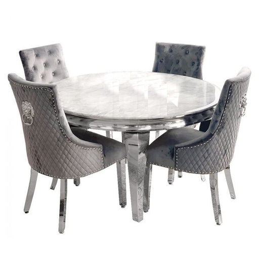 Mayfair Round 1.3 White Marble Top Dining Table & 4 Bentley Dark Grey Lion Knocker Back Dining Chairs - The Furniture Mega Store 