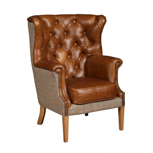 Winchester Chesterfield Wing Chair - Harris Tweed & Vintage Leather - The Furniture Mega Store 