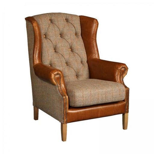 Barney Buttoned Wingback Armchair Hunting Lodge Harris Tweed & Vintage Brown Leather - The Furniture Mega Store 
